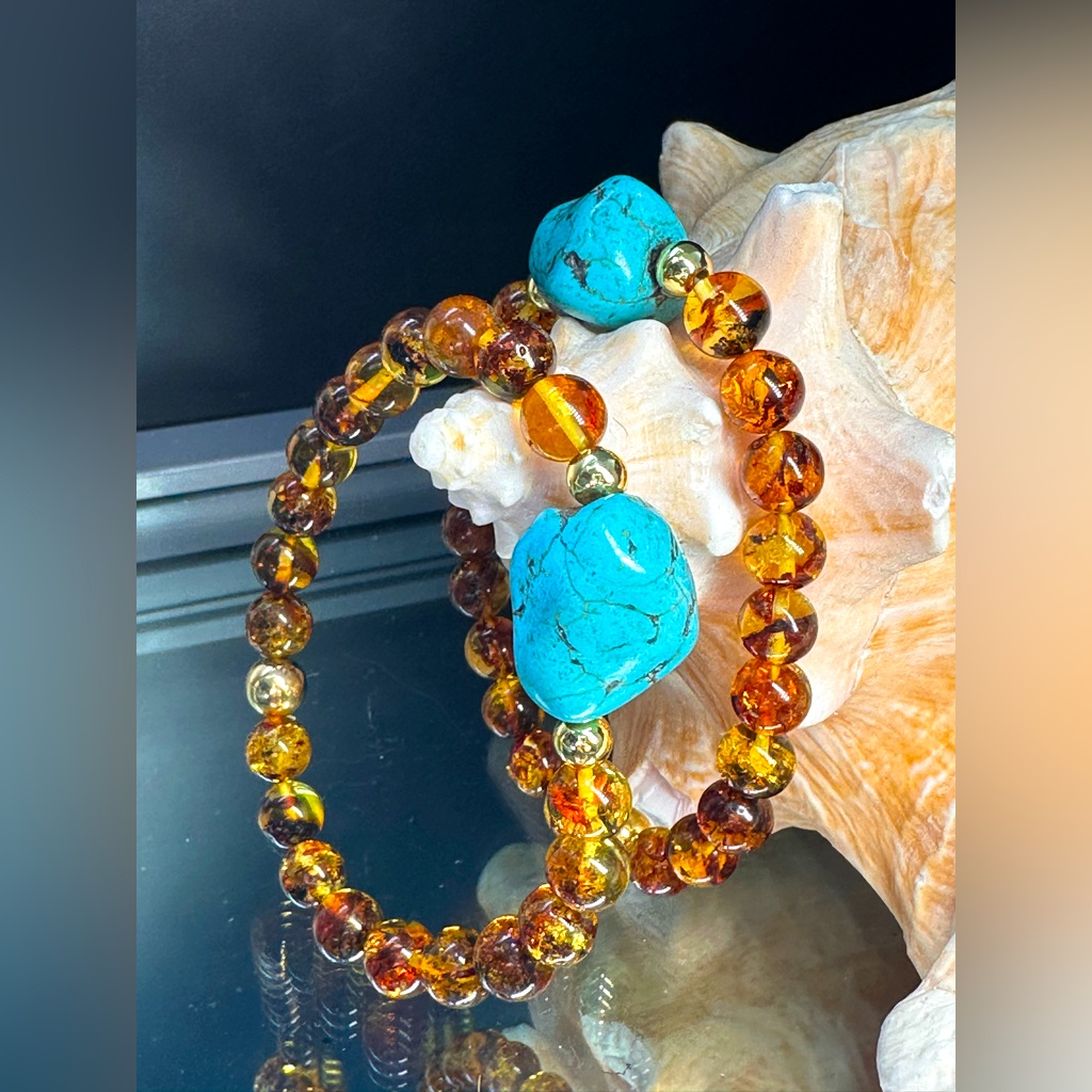 Baltic Amber + Turquoise Natural Stone Bracelet Size 7.5 Set Of 2